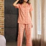 Peach Bloom Printed Ladies White Pyjamas