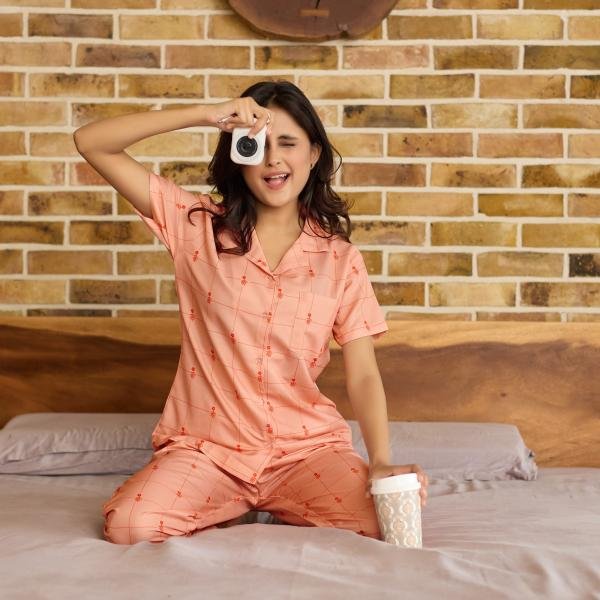 Peach Bloom Printed Ladies White Pyjamas