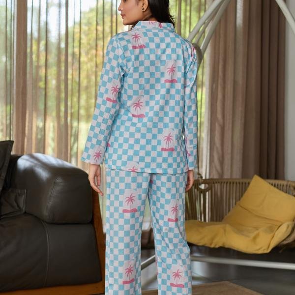 Lazy Club Sky Blue White Checkered Floral Pyjama Set