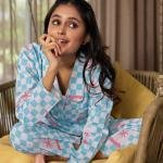 Lazy Club Sky Blue White Checkered Floral Pyjama Set