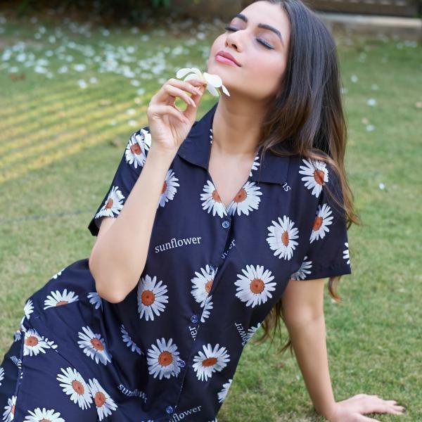 Lazy Club Black Sunflower Print Cotton Pj Short Set