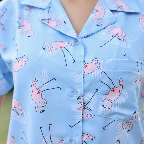 Lazy Club Sky Blue Flamingo Floral Pajama Set
