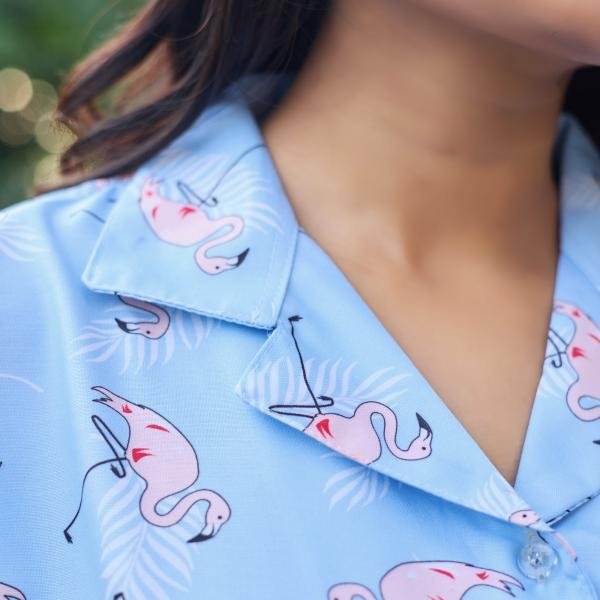 Lazy Club Sky Blue Flamingo Floral Pajama Set