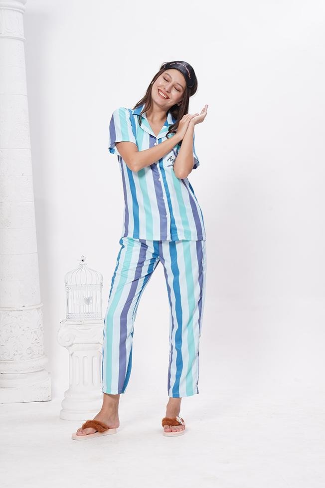 White Blue Striped Night Suit