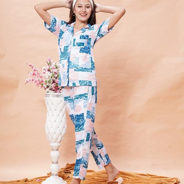 Blue & Pink Abstract Printed Night Suit