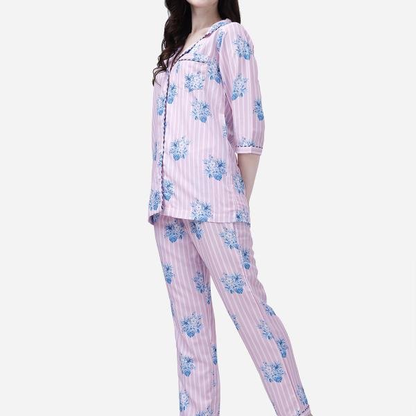 Button-Down Shirt Style Crop Top And Pants Pajama Set
