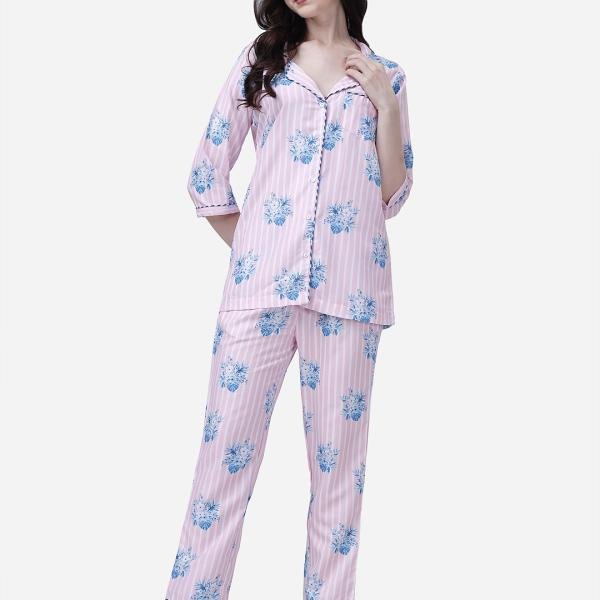 Button-Down Shirt Style Crop Top And Pants Pajama Set