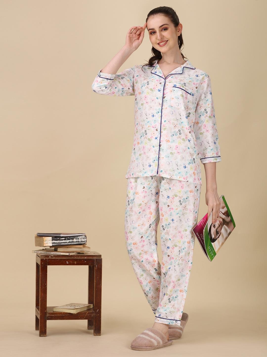 Shirt Style Top with Full Length Satin Pyjama Set