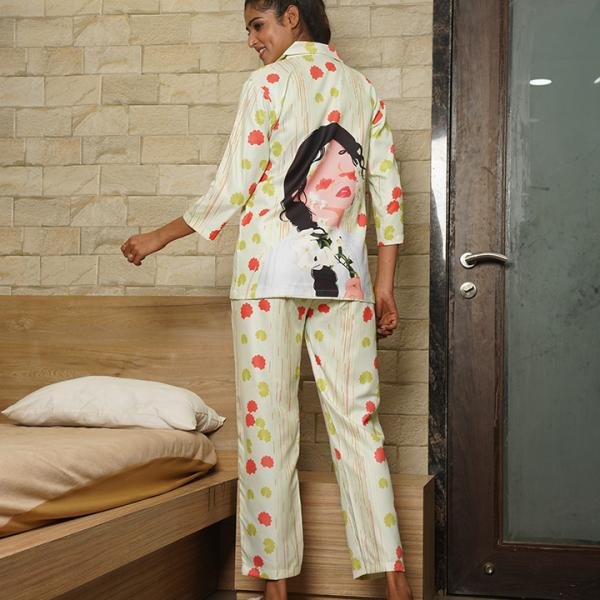 Cream Yellow Floral Print Beige Pajama Set
