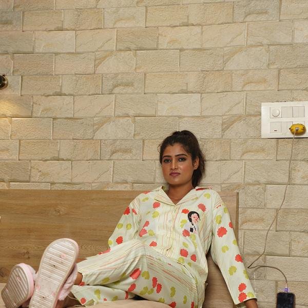 Cream Yellow Floral Print Beige Pajama Set