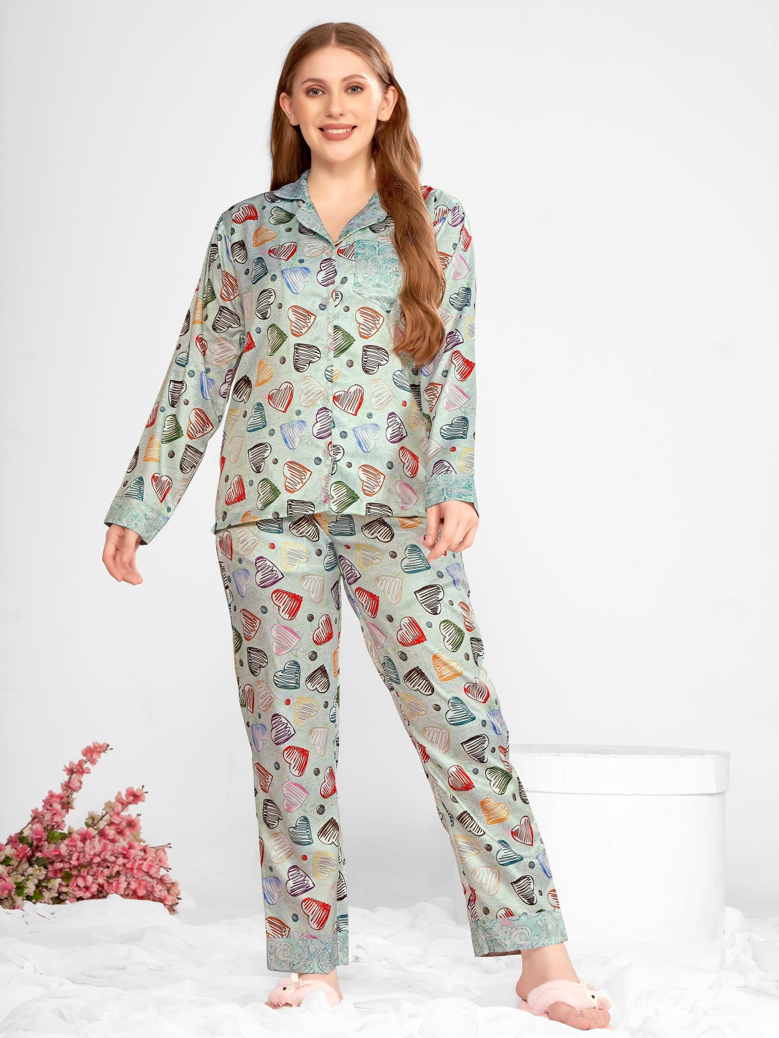Collar Top with Full Sleeves Women Pyjama Set