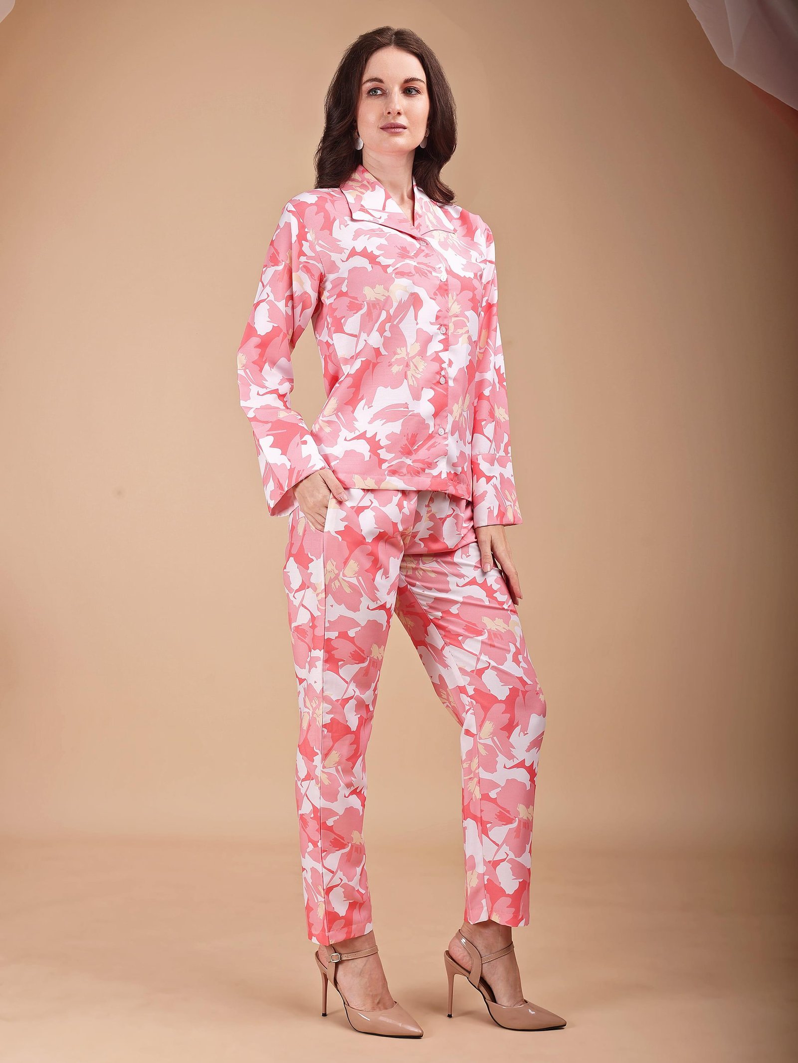 Pink Coral Floral Animal Print Silk Pajamas