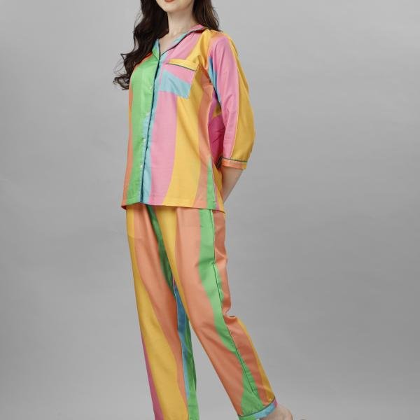 Multicolor Vertical Stripe White Kurta Pyjama For Ladies
