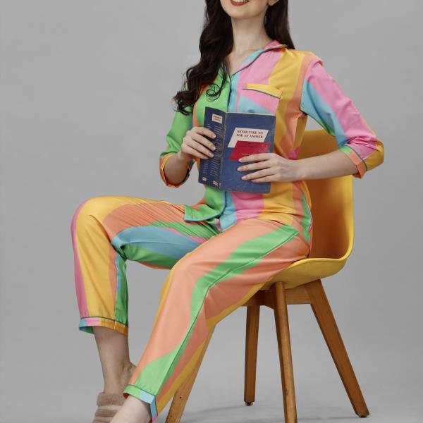 Multicolor Vertical Stripe White Kurta Pyjama For Ladies