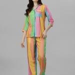 Multicolor Vertical Stripe White Kurta Pyjama For Ladies
