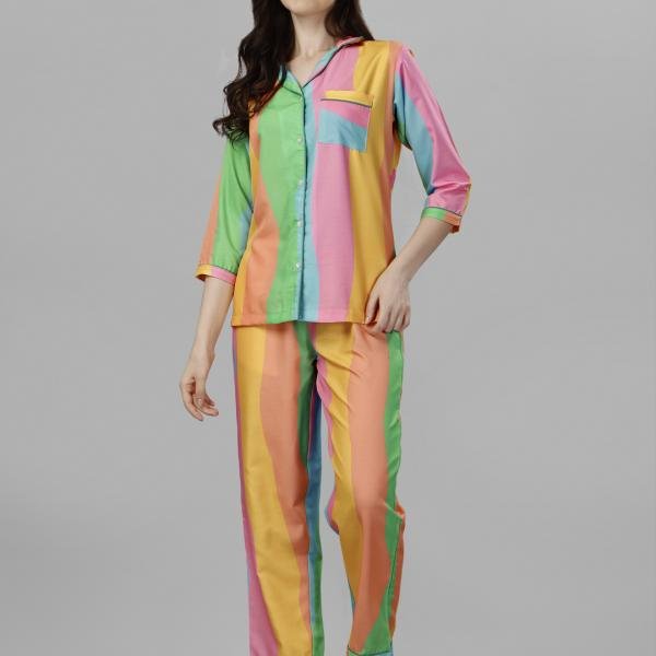 Multicolor Vertical Stripe White Kurta Pyjama For Ladies