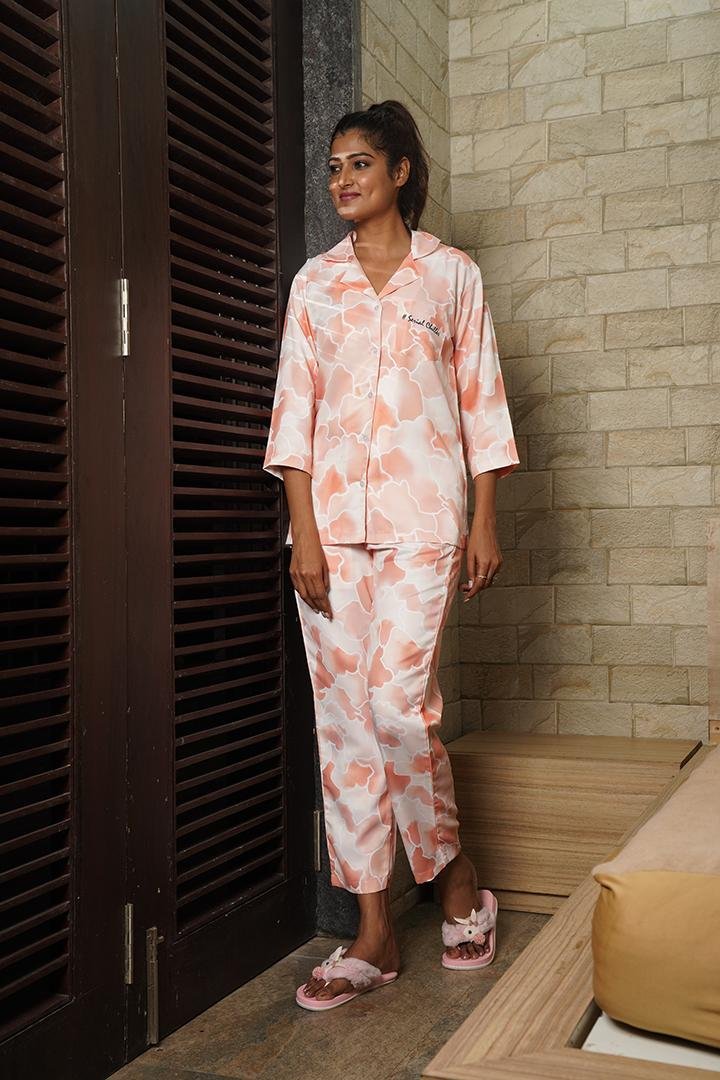 Peach Abstract Print Cotton Kurta Pajama For Ladies