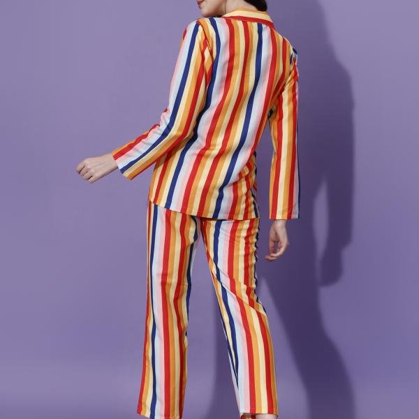 Multicolor Vertical Stripe Brown Pajama Set