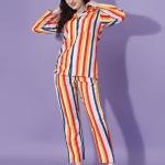 Multicolor Vertical Stripe Brown Pajama Set