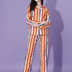 Multicolor Vertical Stripe Brown Pajama Set