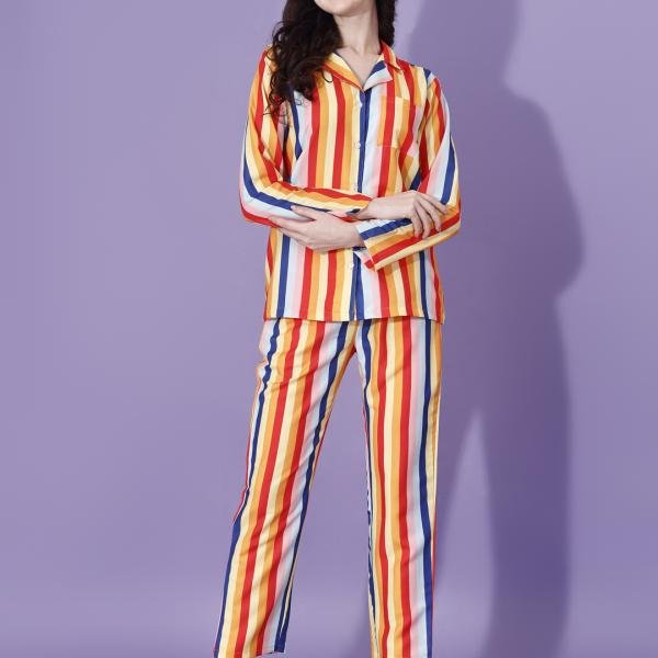Multicolor Vertical Stripe Brown Pajama Set