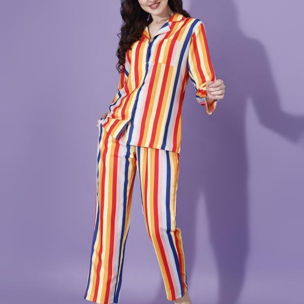 Multicolor Vertical Stripe Brown Pajama Set