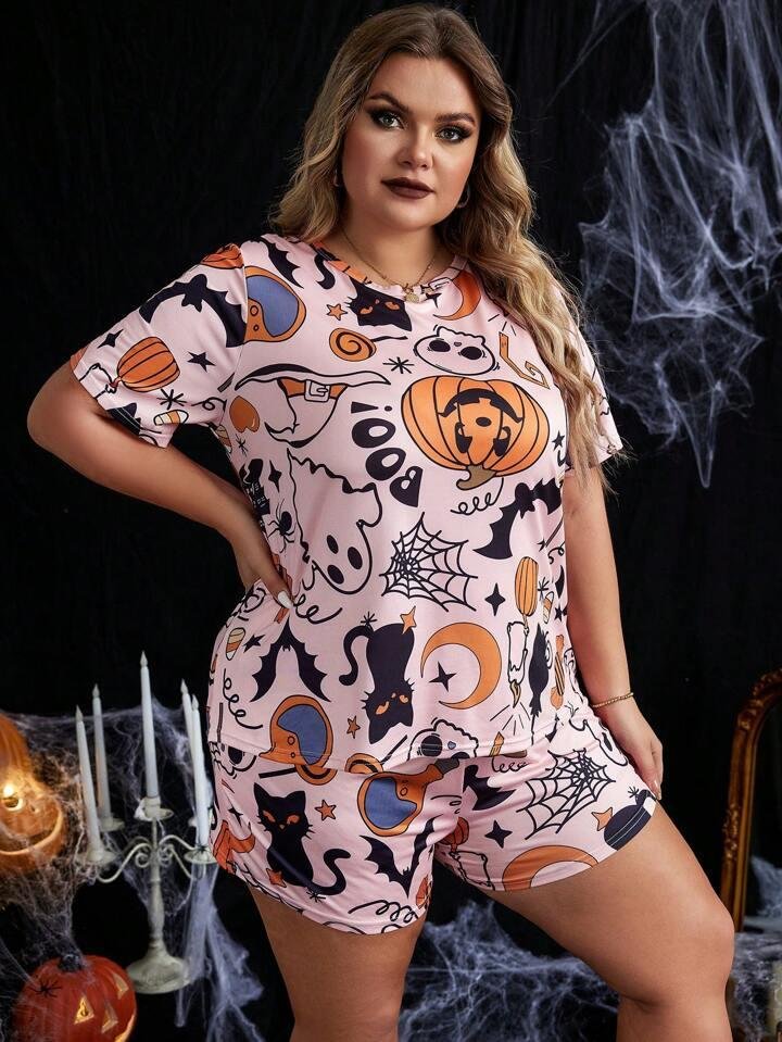 Blush Pink Halloween Print Nightwear Women Shorts