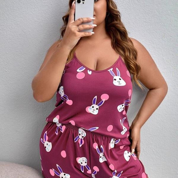Maroon Bunny Print Shorts Nightwear Women Set