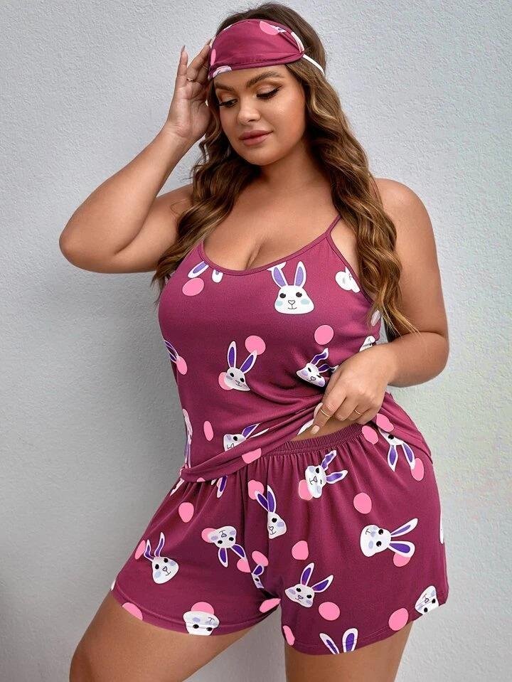 Maroon Bunny Print Shorts Nightwear Women Set