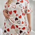 Cream White Heart Print Short Night Suit for Women