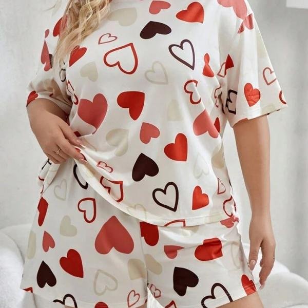 Cream White Heart Print Short Night Suit for Women