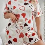 Cream White Heart Print Short Night Suit for Women