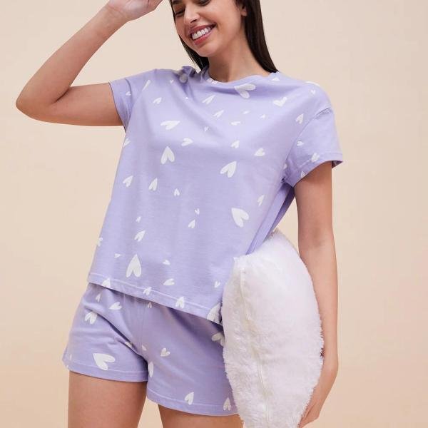 Lavender Heart Print Nightwear for Women Shorts Set